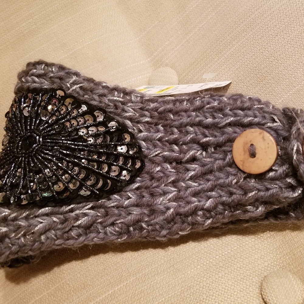 NEW Winter Headband Grey w/ Black Sequin Medallion